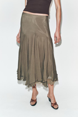 ZARA ЮБКА ГОДЕ ИЗ СТРУЯЩЕЙСЯ ТКАНИ С КРУЖЕВОМ, ТЕМНЫЙ ХАКИ