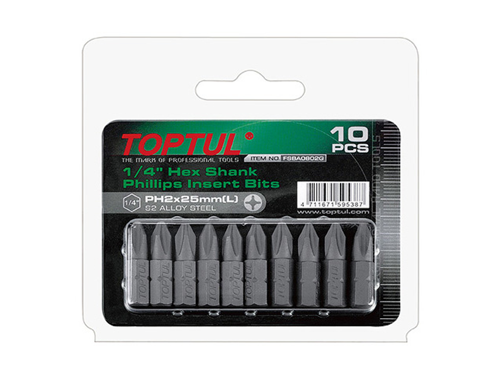 Насадка крестообразная PH2 25мм 10шт блистер TOPTUL (FSBA0802G)