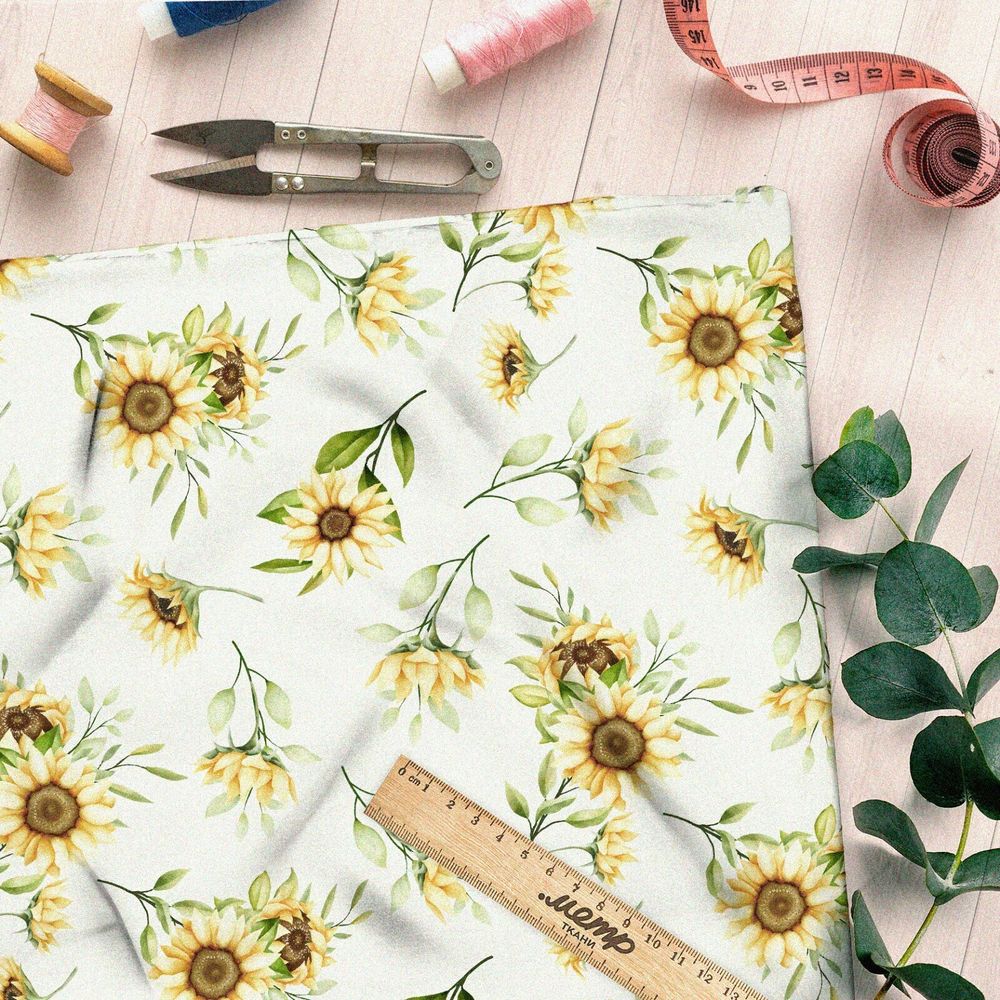 Ткань барби подсолнухи на зеленом