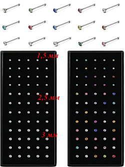 Гвоздики для пирсинга носа с цветными кристаллами 2,5 мм. Медицинская сталь. 1 шт