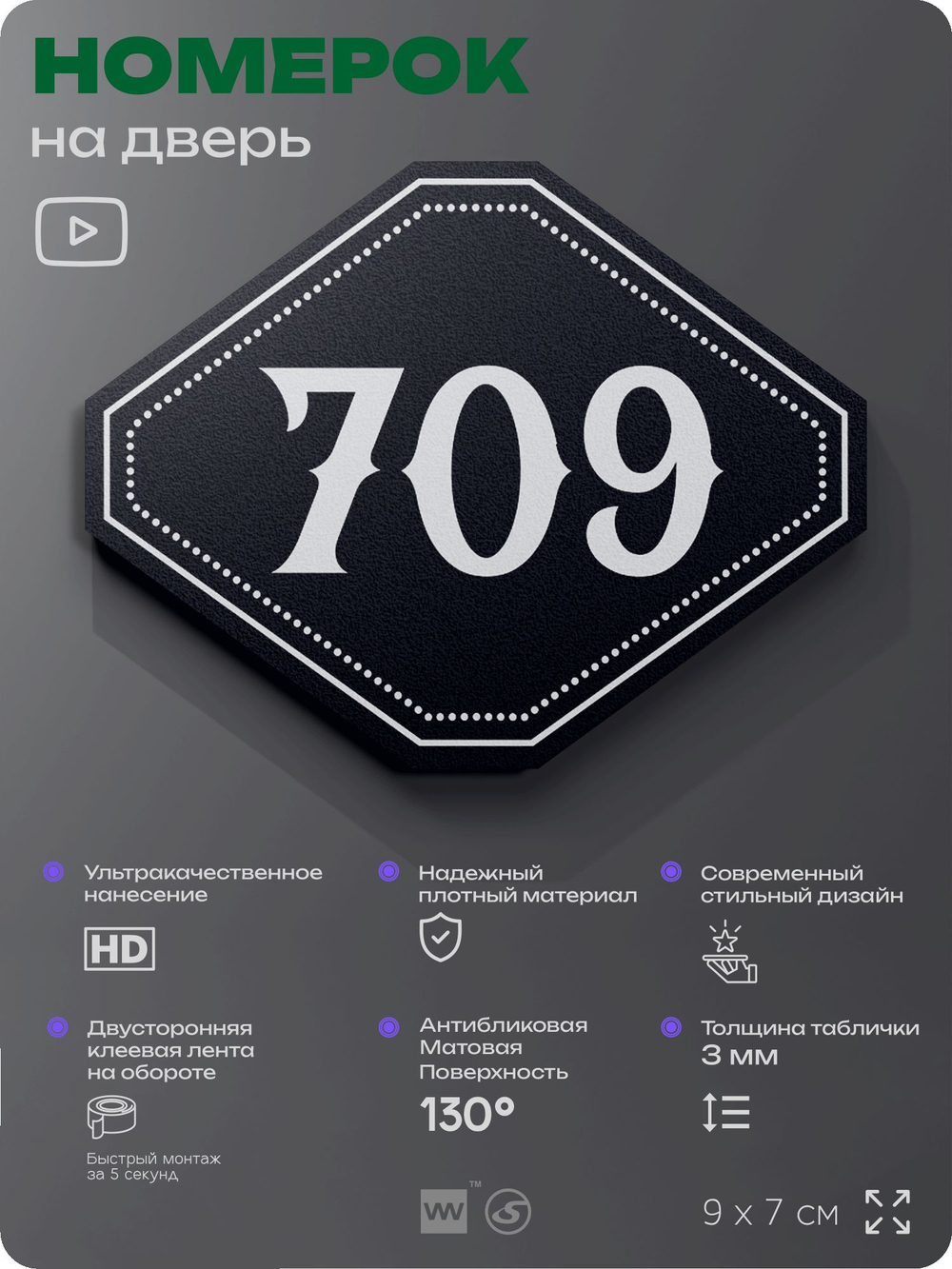Номерок на дверь квартиры 709, для кабинета, офиса, шильдик 9 х 7 см, черный, Айдентика Технолоджи