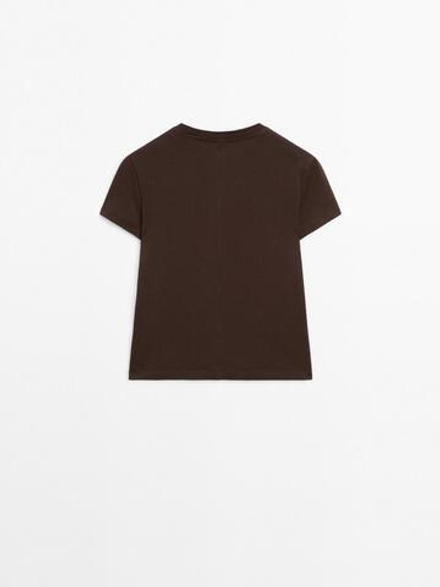 Massimo Dutti Футболка из плотного хлопка с декоративными швами, коричневый
