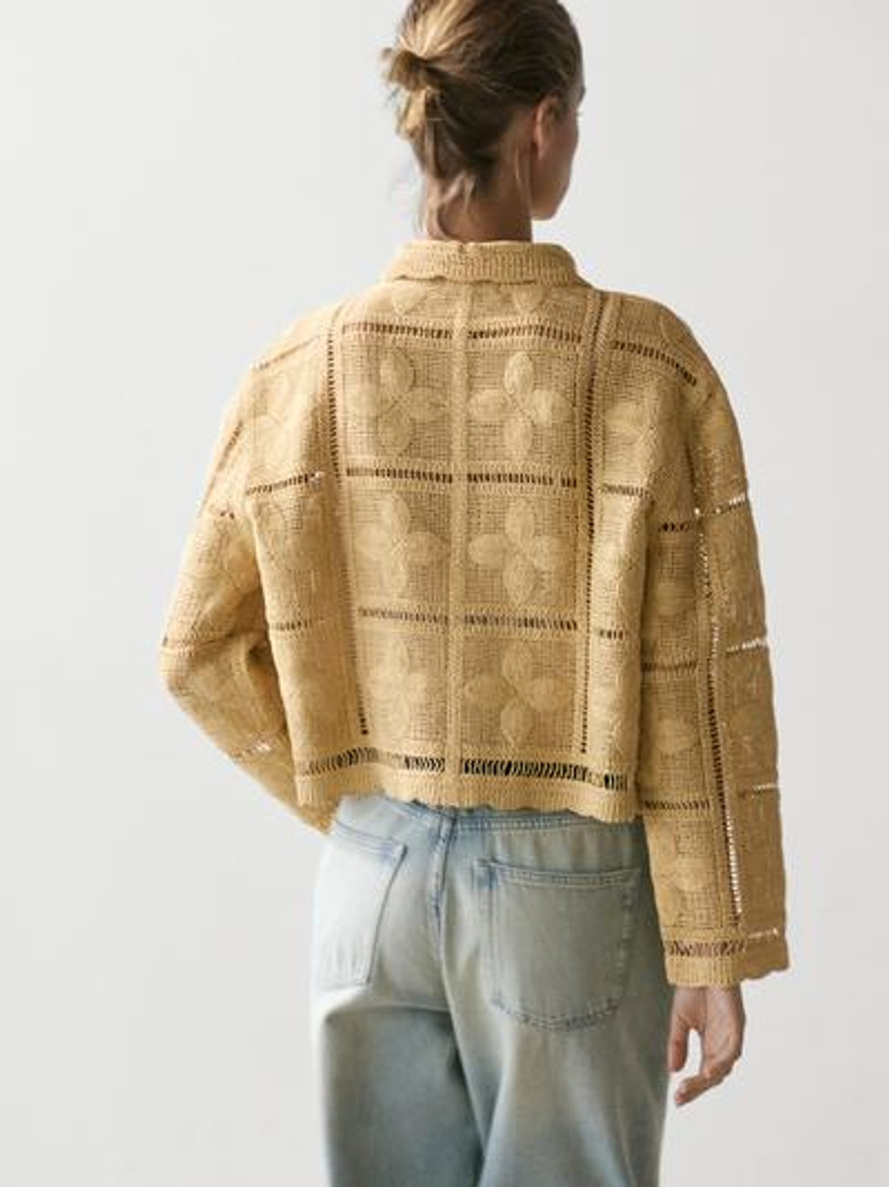 Massimo Dutti Кардиган из кружева кроше с ажурным узором, ванильный