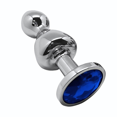 Серебристая анальная втулка Wooomy Lollypop M с синим кристаллом - 9,4 см. (Цвет: серебристый)