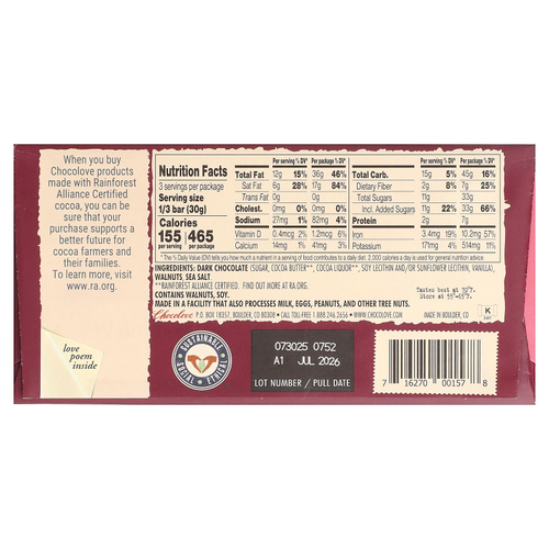 Chocolove, грецкие орехи и морская соль в темном шоколаде, 55% какао, 90 г (3,2 унции)