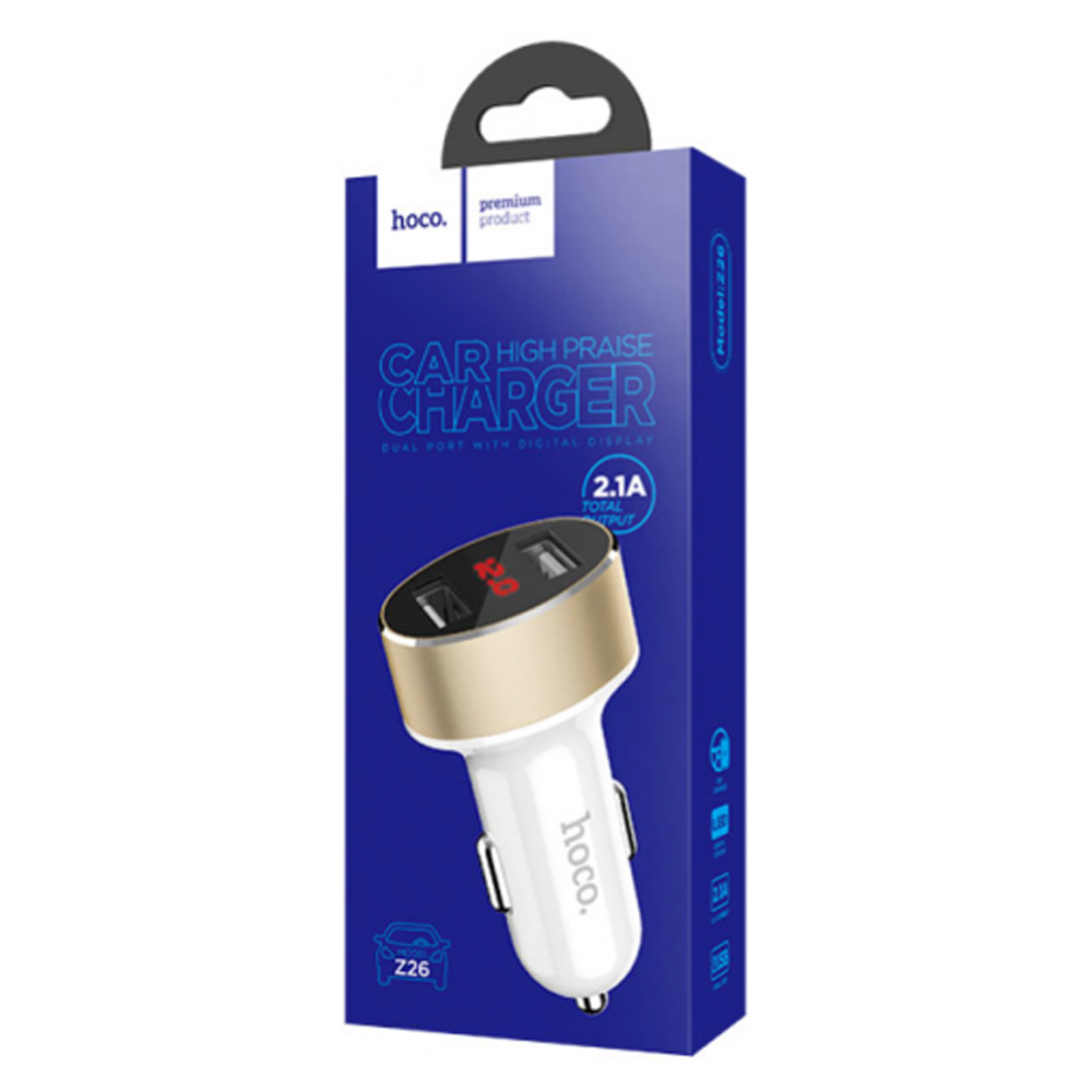 Автомобильное зарядное устройство USB Hoco Z26 (2.1A, 2 порта, с дисплеем) Белый