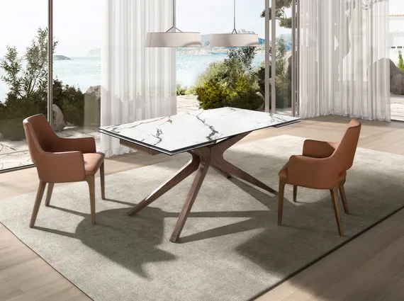 Прямоугольный раздвижной обеденный стол 1157 из керамики в отделке под мрамор