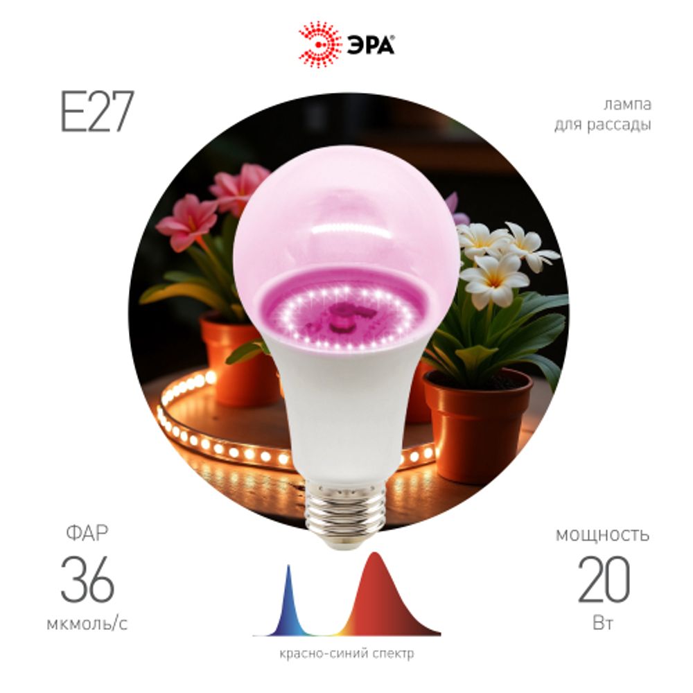 Фитолампа для растений светодиодная ЭРА GREEN LINE ФИТО A65-20W-PL-E27-GR розового свечения 20 Вт | Фитолампы Е27
