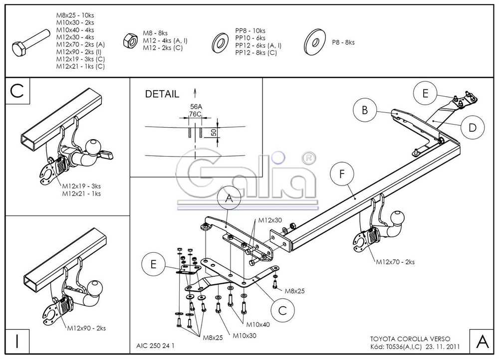 Фаркоп оцинкованный Galia T053A для Toyota Corolla Verso 2004-2009(паспорт и сертификат в комплекте)(без электрики)