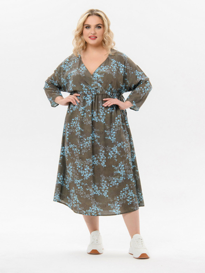 Платье миди, лиф с запАхом, принт бирюзовый