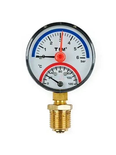 Термоманометр радиальный TIM, корпус 63 мм, диапазон 0-6 бар, подключение 1/2 Y-63-6