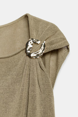ZARA ТРИКОТАЖНЫЙ ТОП С ДЕКОРОМ, ТЕМНЫЙ БЕЖЕВО-КОРИЧНЕВЫЙ