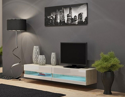 ТВ-тумба Виго открытая МДФ Белый DM635-6 / Дуб Сонома 3025 180*42*30 см, Белый, Дуб Сонома   Фиеста