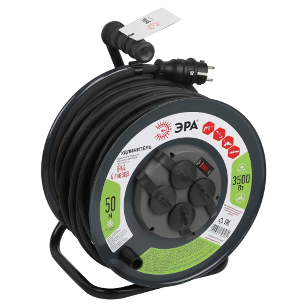 Удлинитель силовой ЭРА RMx-4es-3x2.5-50m-IP44(KG) на металлической катушке с заземлением с выключателем 4 розетки 50м КГ | Электротовары