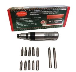 Отвертка ударная с набором бит и адаптером,13пр 1/2''(F)х5/16''(F) (PH 1,2,3,4х36мм, PH3х80мм, SL 5,6,7,8х36мм, SL8х80мм, H 7,8х36мм) в метал. кейсе RockForce##Rock FORCE RF-5064A