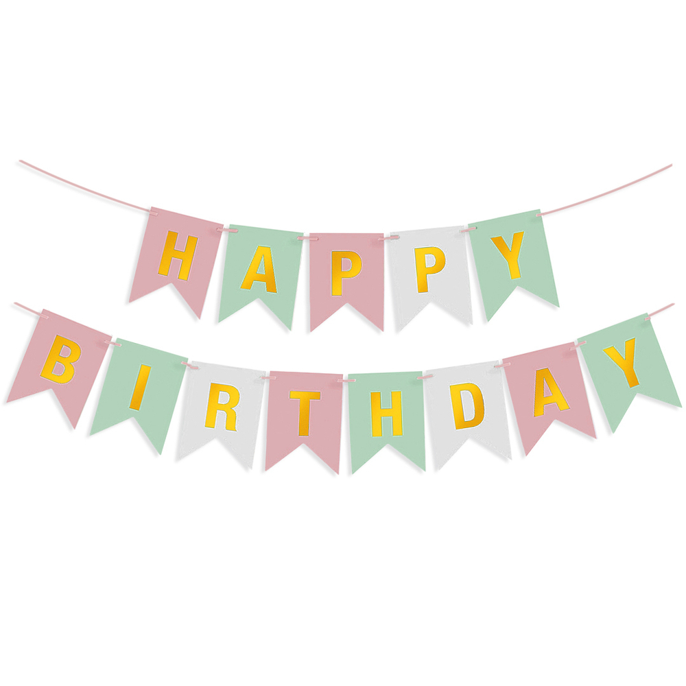 Гирлянда Флажки, Happy Birthday, Пастельный микс/Золото, Металлик, 500 см, 16*12 см