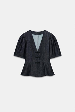 ZARA ТОП С БАСКОЙ И НАВЕСНЫМИ ПЕТЛЯМИ, СИНИЙ