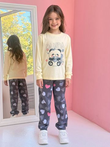 170009C-39 Пижама для девочки (футболка с длинным рукавом, брюки), Экрю