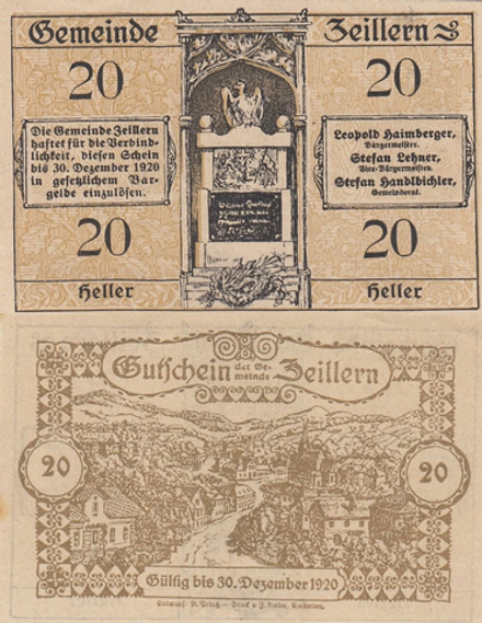 Австрия 20 геллеров 1920 Цайллерн aUNC