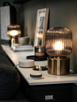 IKEA SOLKLINT  (ИКЕА СОЛКЛИНТ)  -  Настольная лампа, латунь/серое прозрачное стекло, 28 см