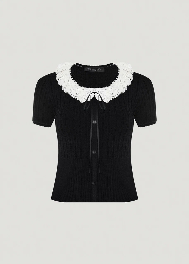 Топ трикотажный с ажурным воротником
