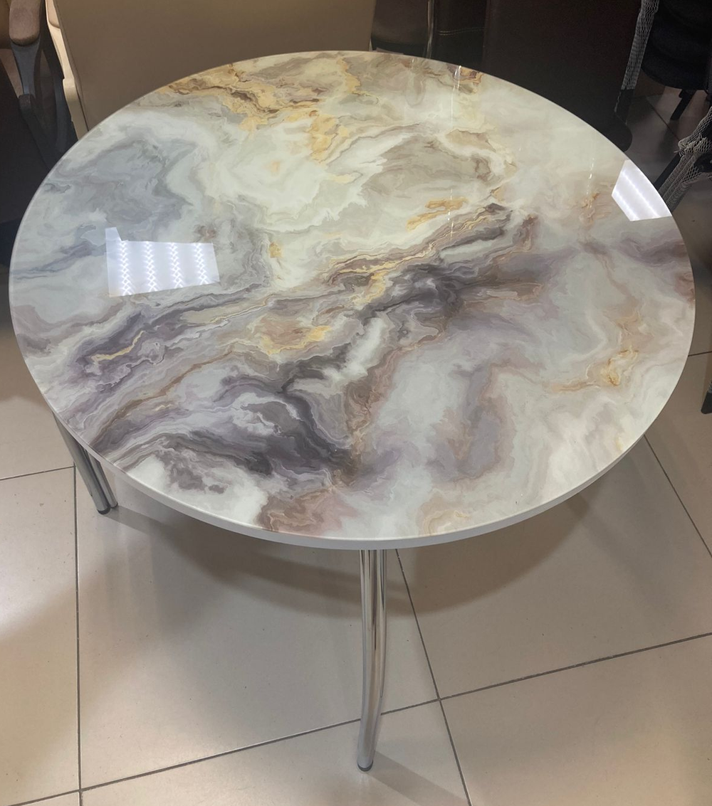 Стол неразд стеклянный Круг подстолье чайка хром Мрамор 2 фп
