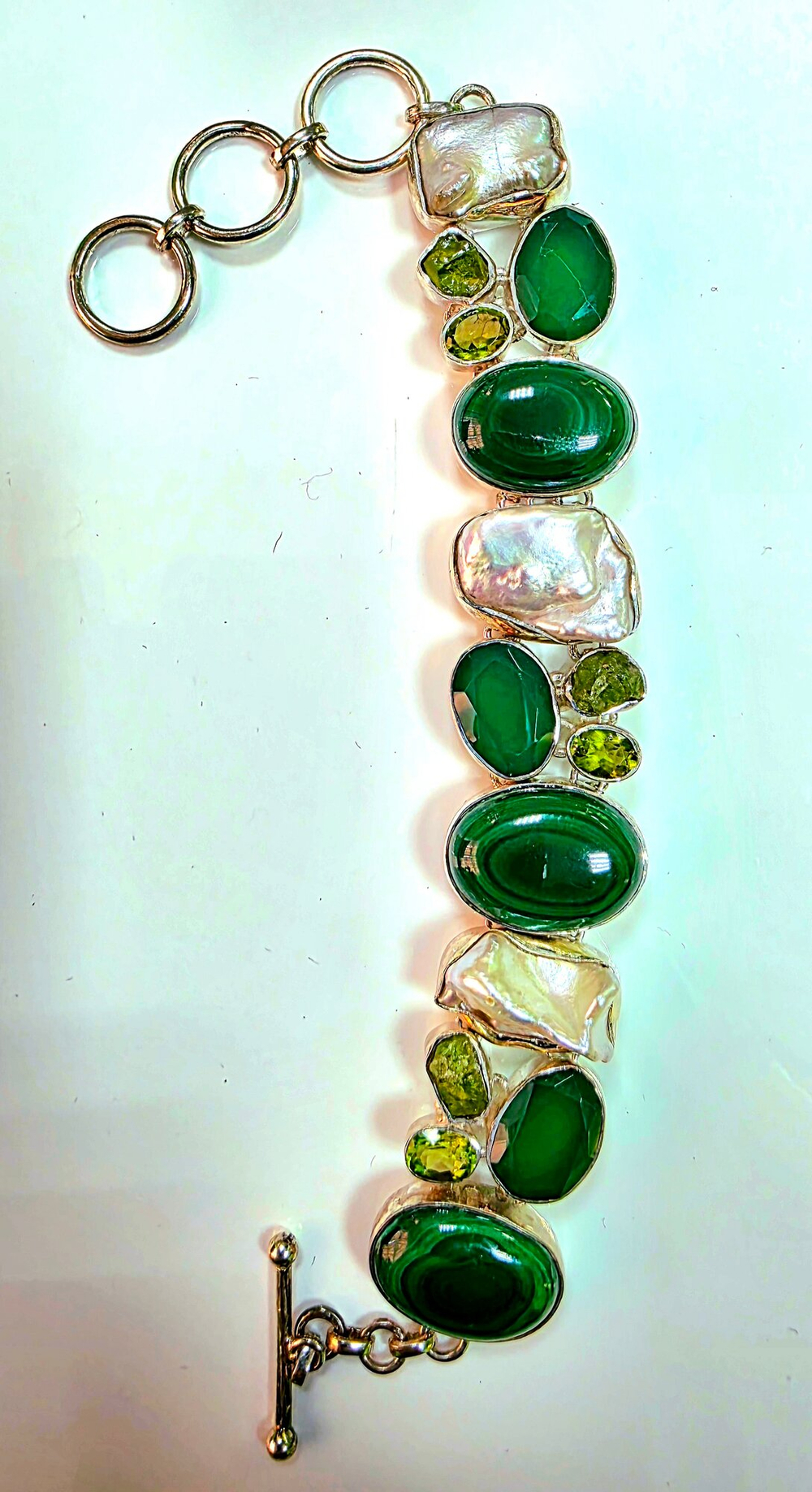 Браслет серебро 925, малахит, хризолит, агат, жемчуг