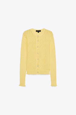 ZARA КАРДИГАН С ВОЛАНАМИ И ПЕРФОРАЦИЕЙ, СВЕТЛО-ЖЕЛТЫЙ