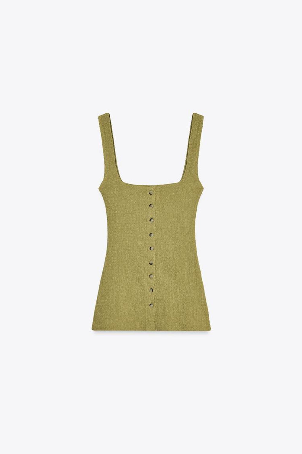 ZARA ТЕКСТУРИРОВАННЫЙ ТОП С ПУГОВИЦАМИ, ЗЕЛЕНЫЙ