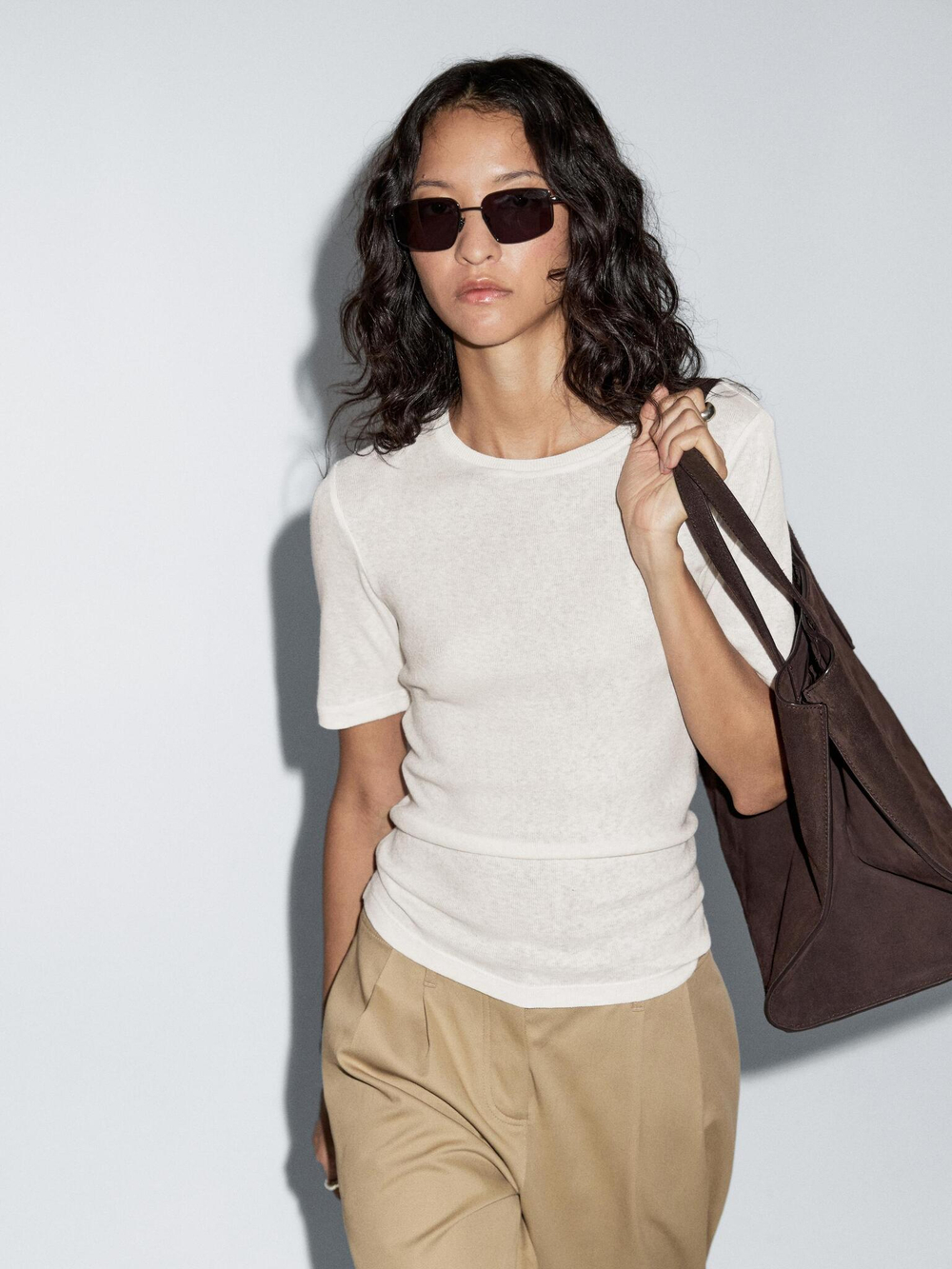 Massimo Dutti Футболка из смесового хлопка, натуральный/кремовый