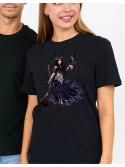 Футболка базовая с фиолетовая ведьма на метле. Хэллоуин