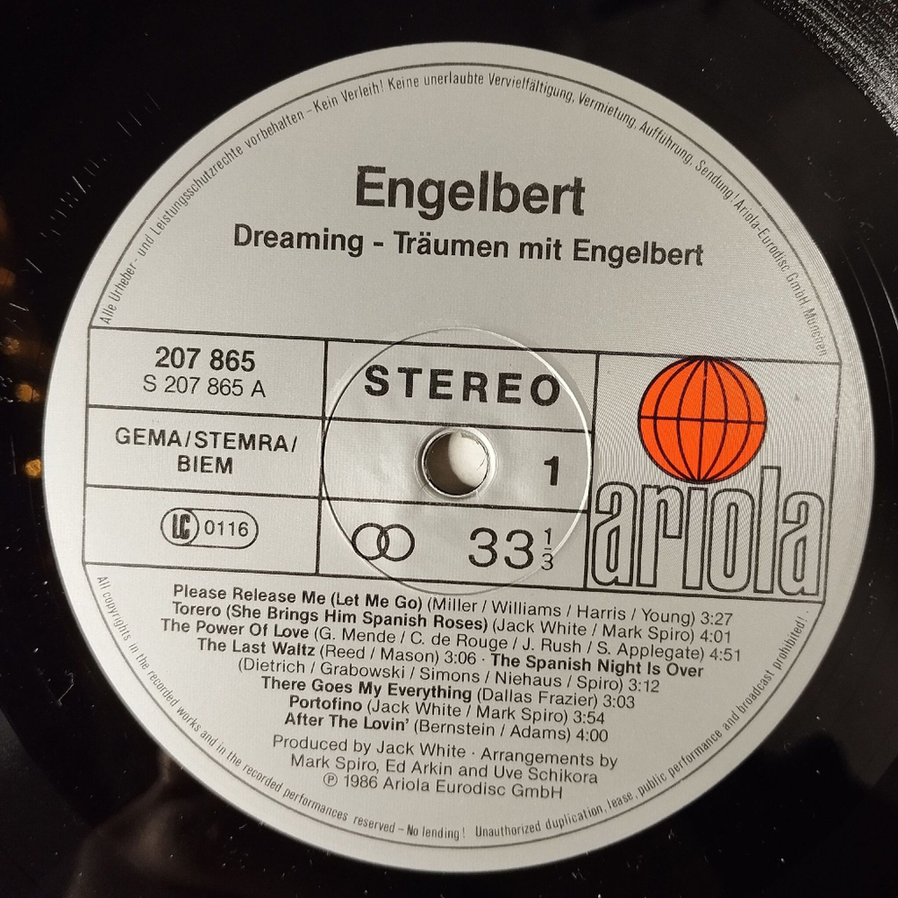 Винтажная виниловая пластинка LP Engelbert Humperdinck Traumen Mit Engelbert (Germany 1986)
