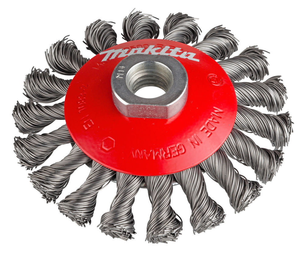 Щетка проволочная конусная PREMIUM (d100 мм, толщ. проволоки 0.5 мм, пучки, металл, M14x2) Makita P-04494 M14х2 100 мм Конусная 0,5 мм Металл Пучки витой проволоки