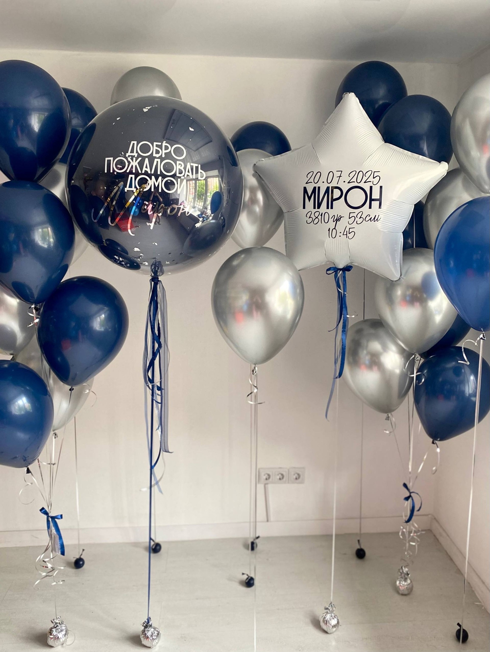 Воздушные шары на выписку из роддома темно-синий/хром серебро №3536