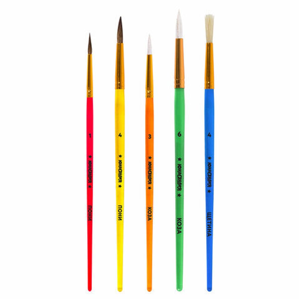 Кисти НАБОР 5 шт. (ПОНИ круглые № 1, 4; КОЗА круглые № 3, 6; ЩЕТИНА плоская № 4), пакет, ЮНЛАНДИЯ, 201079