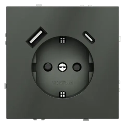 Розетка встраиваемая VOLTUM S70 с заземлением и защитными шторками, 16А, с USB, A+С, (титан)