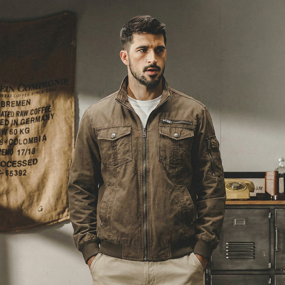 Мужская ветровка на резинке в Американском ретро-стиле из натурального хлопка без капюшона.