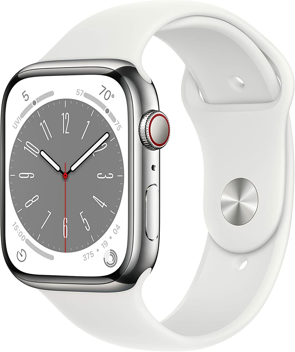 Apple Watch Series 8 45mm Silver Stainless Steel Case with White Sport Band, M/L (GPS + Cellular) (MNVW3LL/A)