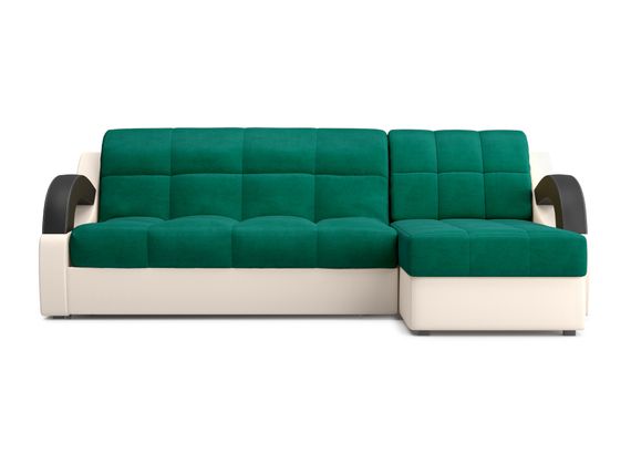 Диван угловой с оттоманкой Мадрид 1,4 - Velutto 33 изумрудный/беж кожзам/ коричневая накладка