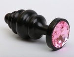 Чёрная ребристая анальная пробка с розовым кристаллом - 7,3 см. (Цвет: розовый)