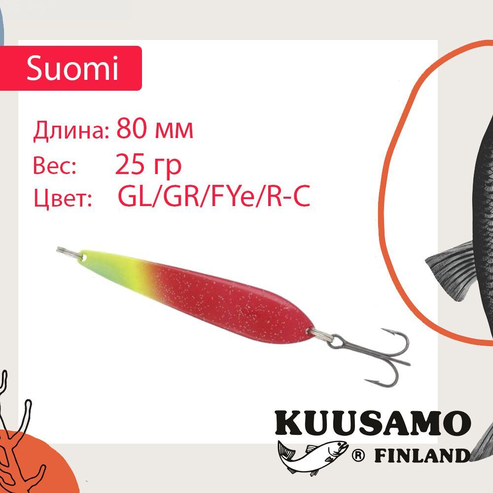 Блесна колебалка Kuusamo Suomi 80/25 GL/GR/FYe/R-C UV