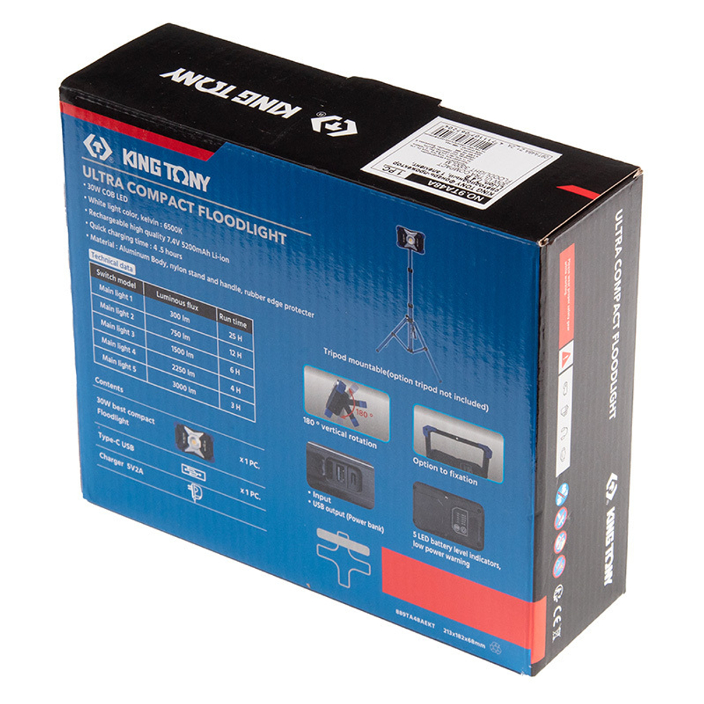 KING TONY (9TA48A) Фонарь-прожектор светодиодный, 1 элемент, Li-Ion, 3000 люмен