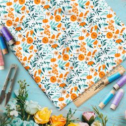 Ткань оксфорд 210 выцвевшие маки и листья на белом фоне