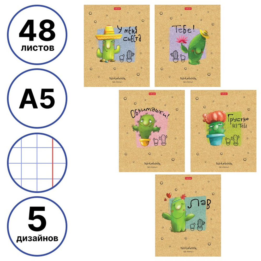 Тетрадь общая Hatber "Мой друг Кактус", А5, 48 листов в клетку, матовая ламинация, на скрепке, ассор