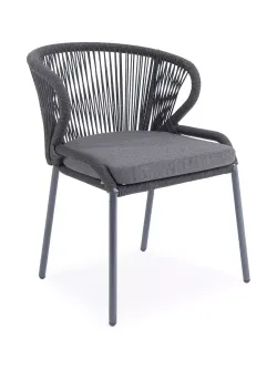 "Милан" стул плетеный из роупа, каркас алюминий темно-серый (RAL7024) муар, роуп темно-серый круглый, ткань темно-серая 027