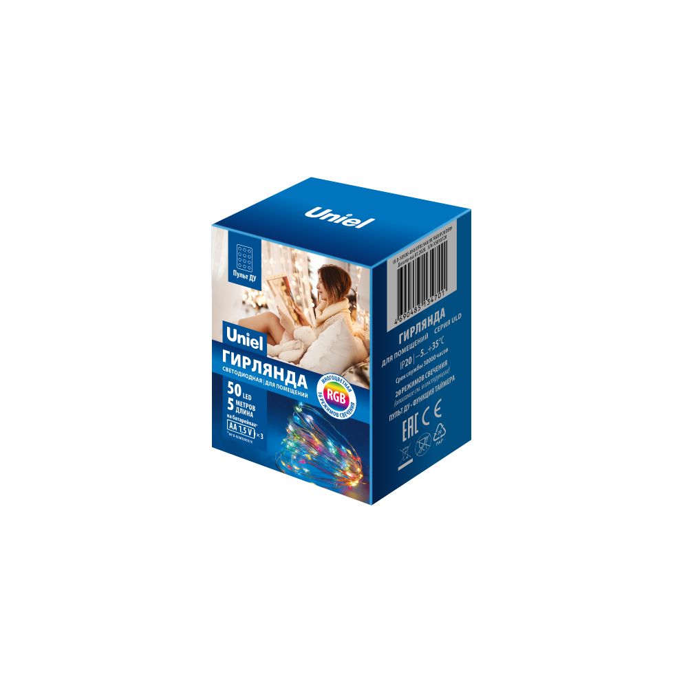 ULD-S0500-050-DTB-3AA-RC RGB IP20 DEW Гирлянда светодиодная Роса на батарейках 3AA не в-к. 5м. 50 светодиодов. RGB свет. Пульт ДУ в-к. Провод прозрачный. TM Uniel