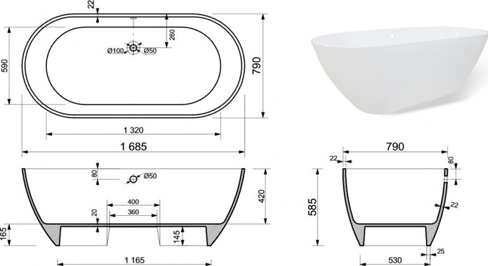 Ванна из искусственного мрамора Aquanet Family Stone 168х80