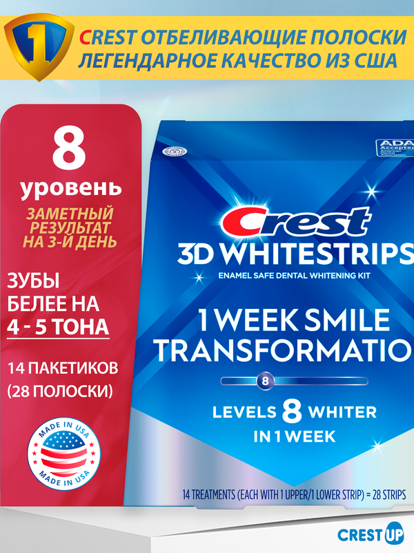 Отбеливающие полоски для зубов Crest 3D Whitestrips 1 Week Smile Transformation (Glamorous White), полный курс 14 дней