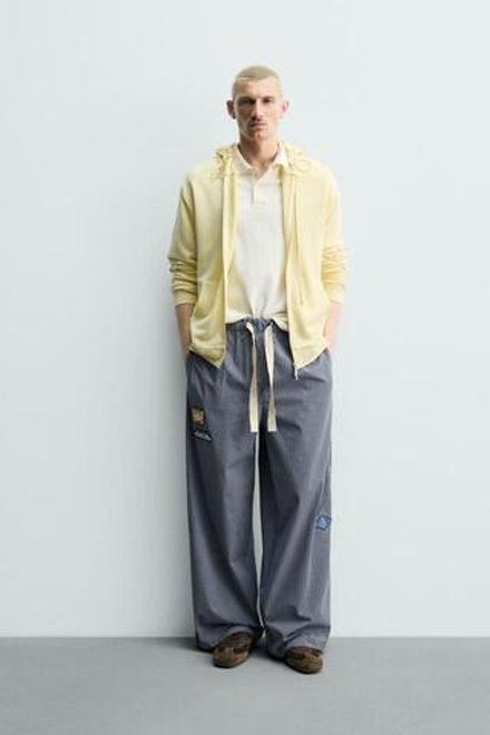 ZARA БРЮКИ RELAXED FIT В КЛЕТКУ С НАШИВКАМИ, МОРСКОЙ СИНИЙ