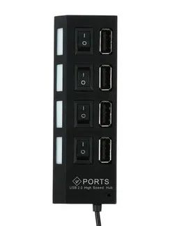 USB-разветвитель LuazON, 4 порта с индивидуальными выключателями, черный